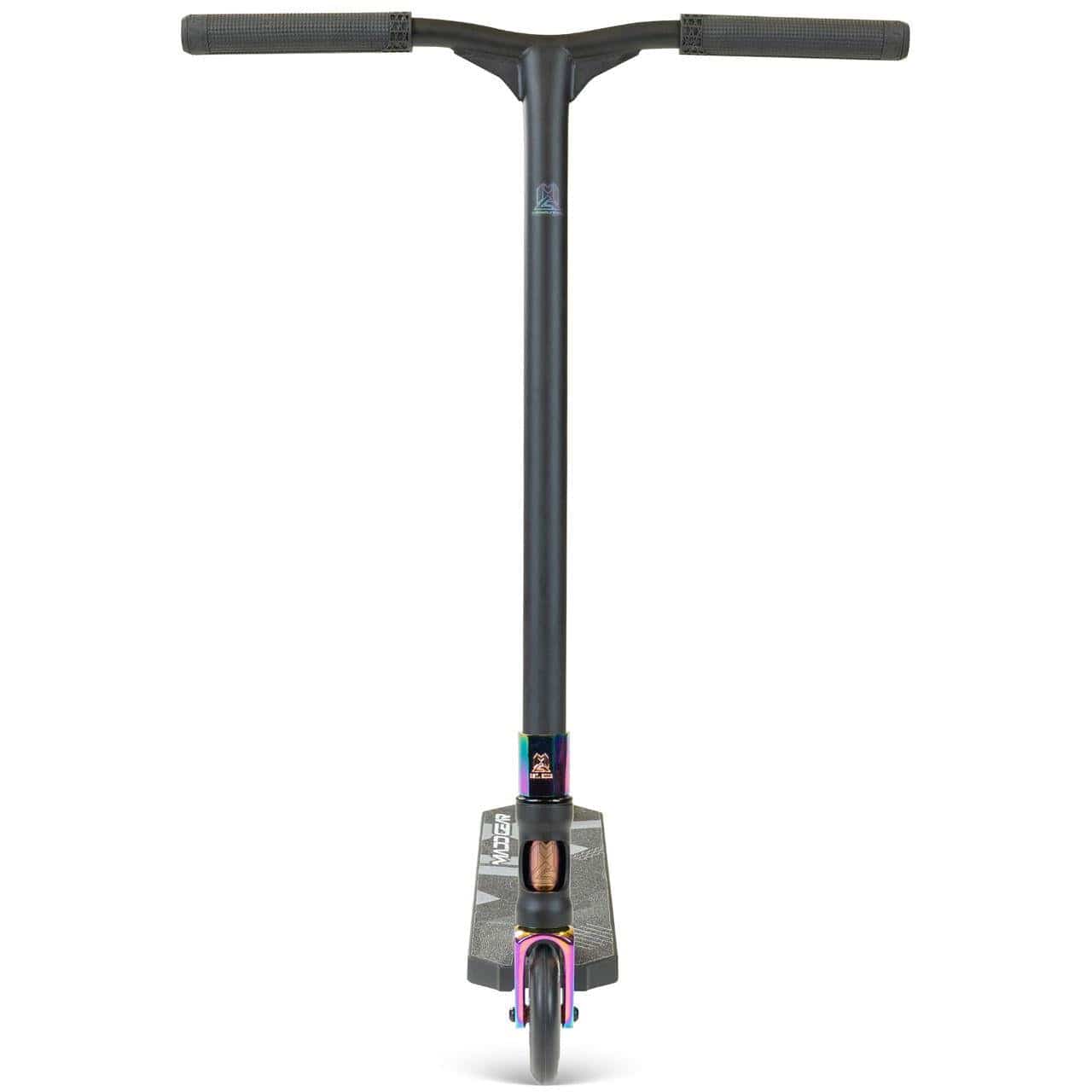 The Madd Gear (MGP) MG 5 Axion Complete Stunt Scooter in Black/Neochrome is shown front-facing, highlighting its wide handlebar, textured deck, and metallic-finish front wheel—a standout in action sports gear.