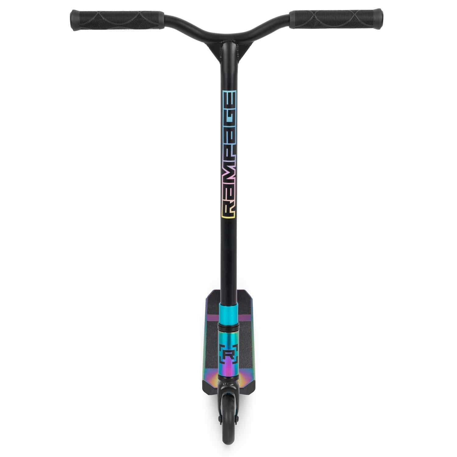 A Rampage R100A Complete Stunt Scooter—Oil Slick Neochrome, shown front-on, with wide gripped handlebars, a deck in an oil slick finish, and "RAMPAGE" in colorful letters on the stem.