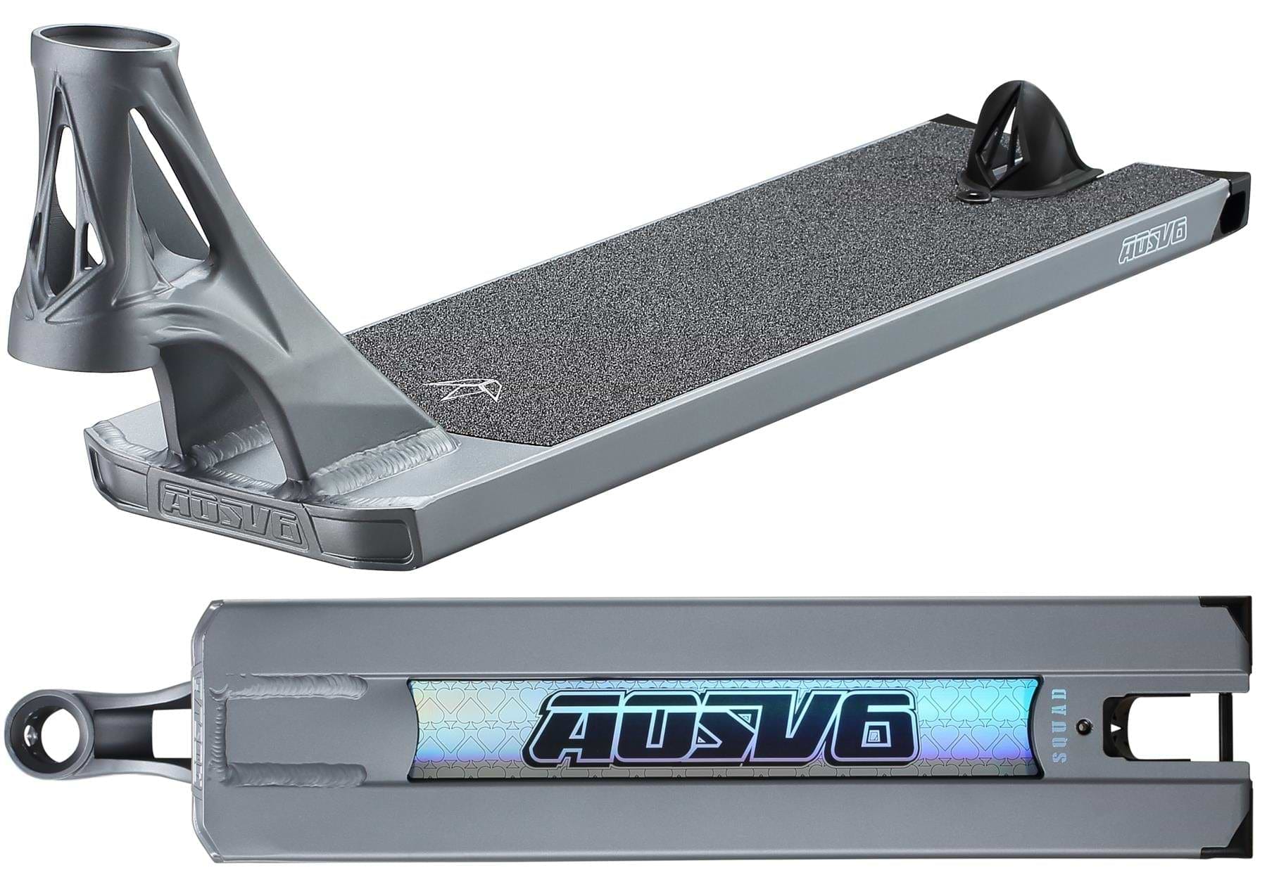 The Blunt Envy AOS V6 Squad Grey Stunt Scooter Deck (5.5" x 22") features a textured foot surface, a holographic AU SV6 logo underneath, a uniquely shaped headtube, and a rear brake.