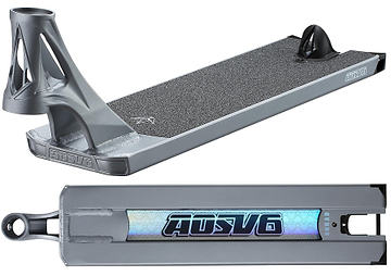 The Blunt Envy AOS V6 Squad Grey Stunt Scooter Deck (5.5" x 22") features a textured foot surface, a holographic AU SV6 logo underneath, a uniquely shaped headtube, and a rear brake.