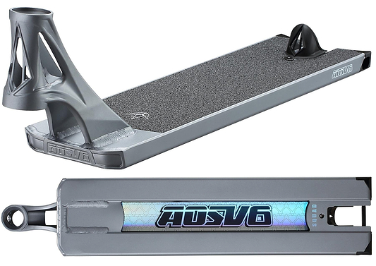 The Blunt Envy AOS V6 Squad Grey Stunt Scooter Deck (5.5" x 22") features a textured foot surface, a holographic AU SV6 logo underneath, a uniquely shaped headtube, and a rear brake.