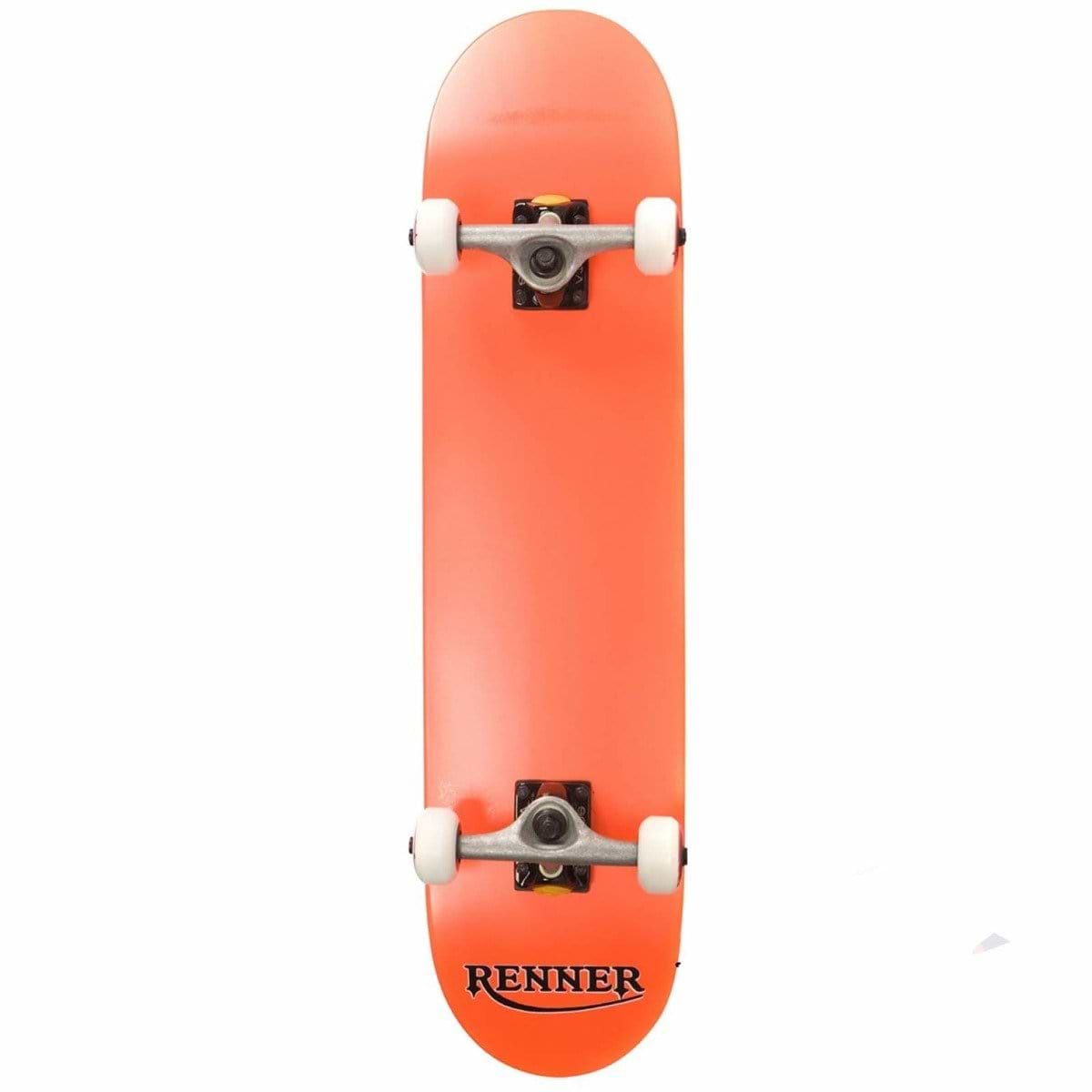 Displayed vertically against a pristine white background, this Renner Pro Series Orange Complete Skateboard measures 7.75" x 31" and features a vibrant orange deck made from 7 Ply Canadian Maple. It is equipped with white wheels and silver trucks, while the brand "Renner" is boldly printed in black on the underside of the deck.