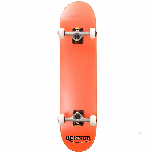 Displayed vertically against a pristine white background, this Renner Pro Series Orange Complete Skateboard measures 7.75" x 31" and features a vibrant orange deck made from 7 Ply Canadian Maple. It is equipped with white wheels and silver trucks, while the brand "Renner" is boldly printed in black on the underside of the deck.