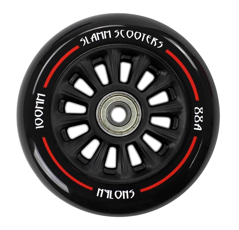 The Slamm Nylon Core 100mm Scooter Wheel - Black / Black features red and white accent lines, a silver ABEC 9 Chrome Bearing, and “SLAMM SCOOTERS,” “88A,” “100MM,” and “NYLONS” around the edge. Great for beginner riders.