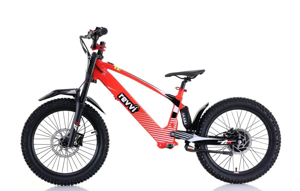 The Revvi 20" Kids Electric Balance Bike - Red from Revvi features a sleek red and black design with thick off-road air-filled tyres, a sturdy suspension system, and disc brakes, making it ideal for young adventurers.