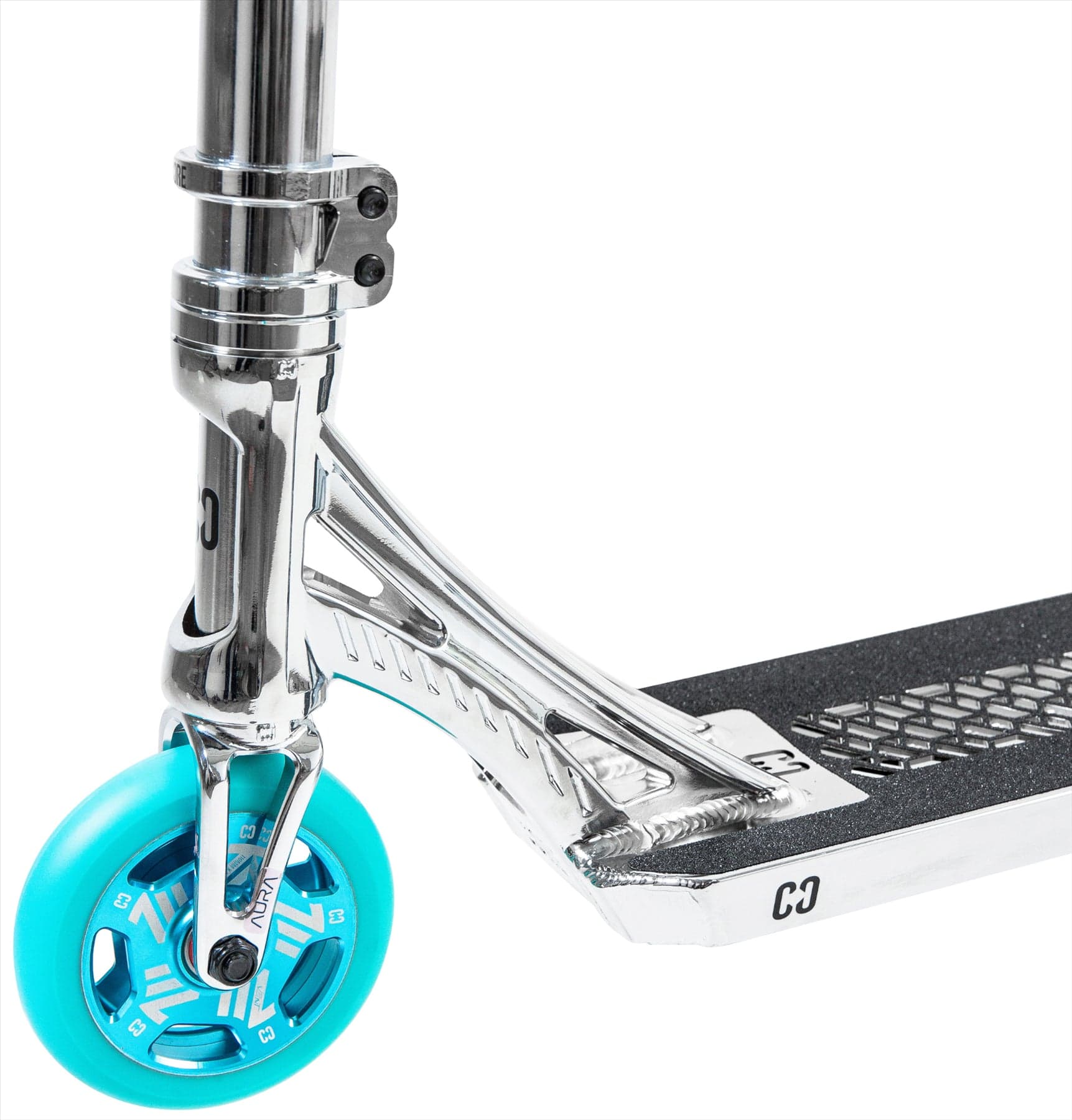 Close-up of the front section of the CORE SL3 Complete Stunt Scooter in Chrome/Teal, featuring a silver lightweight frame, black textured deck, and vibrant teal wheel, set against a white background.