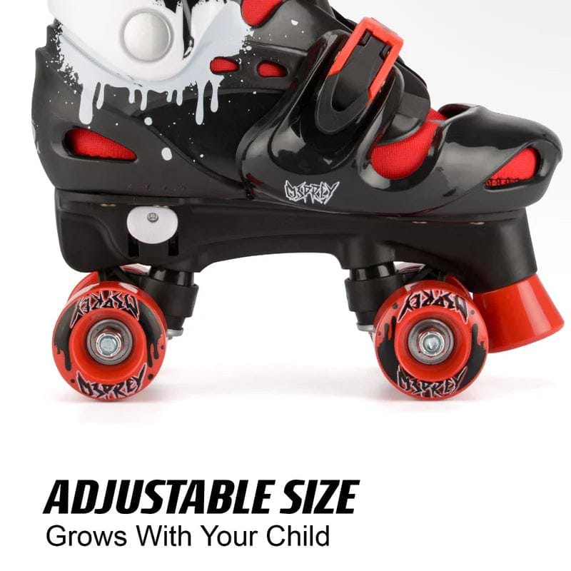 Close-up of the Osprey Skull Adjustable Quad Roller Skates - Red by Osprey, with graffiti-style wheel graphics. Text below reads, “Adjustable Size—Grows With Your Child.” Perfect kids’ skates for lasting fun.