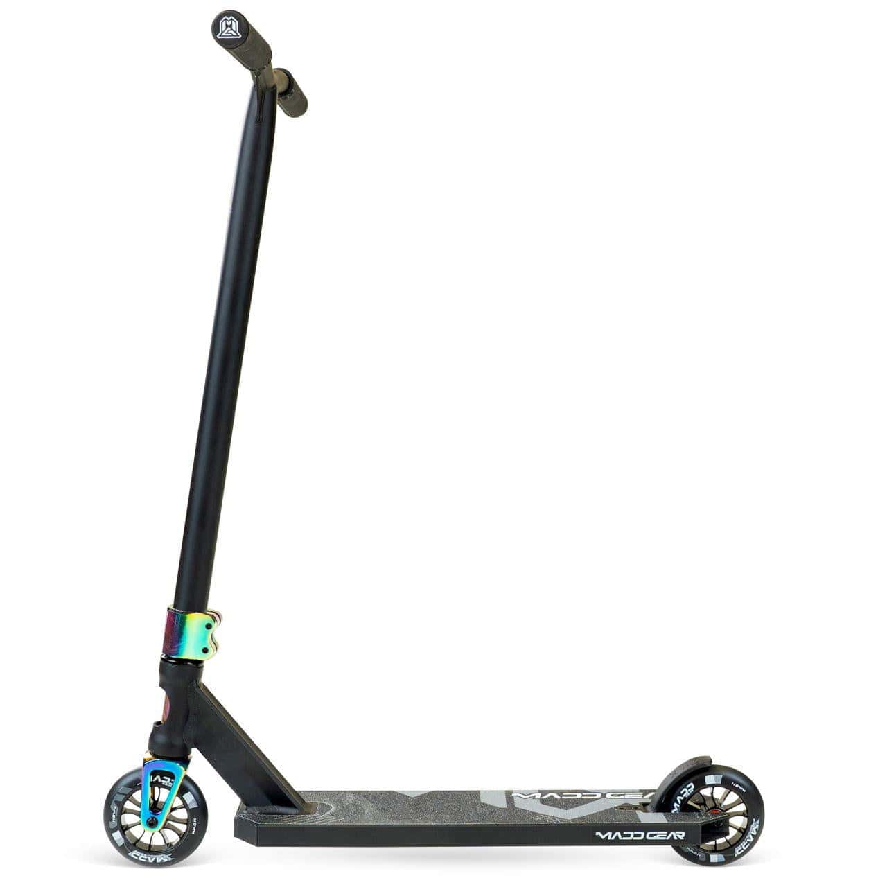 The Madd Gear (MGP) MG 5 Axion Complete Stunt Scooter in Black/Neochrome features a tall handlebar, aluminum deck, neochrome accents near the front wheel and deck, two small wheels, and a textured grip with the Mad Gear logo. Plain white background.