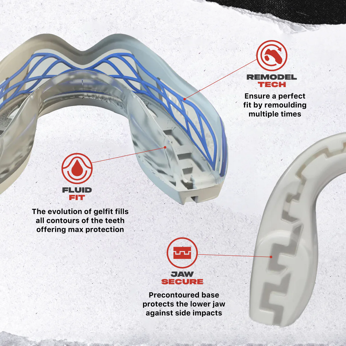 The Safejawz Nitro Series Protection Mouthguard - White/Blue is shown, featuring "remodel tech" for a perfect fit, "fluid fit" for max protection, and "jaw secure" for lower jaw defense in this shock-absorbing design. Brand: Safejawz.