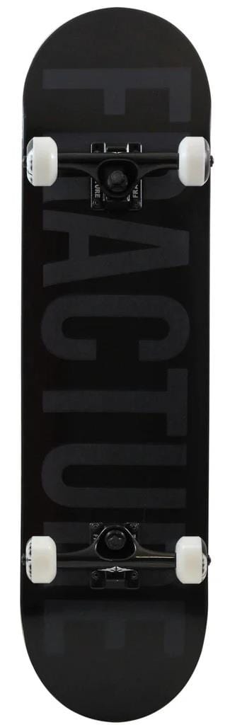 The Fracture Fade Series Black Complete Skateboard (8" x 31.75") features a sturdy Canadian Maple deck, white wheels, black trucks, and "FRACTURE" in large dark gray letters—an ideal entry-level skateboard for beginners.