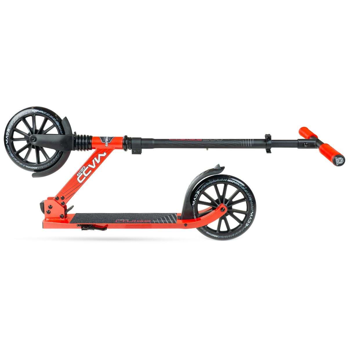 The Madd Gear Metro Cruise 250 Foldable Commuter Scooter by MGP features a black and red design, two large wheels, a textured foot deck, and foldable handlebars that align parallel to the deck for compact storage.
