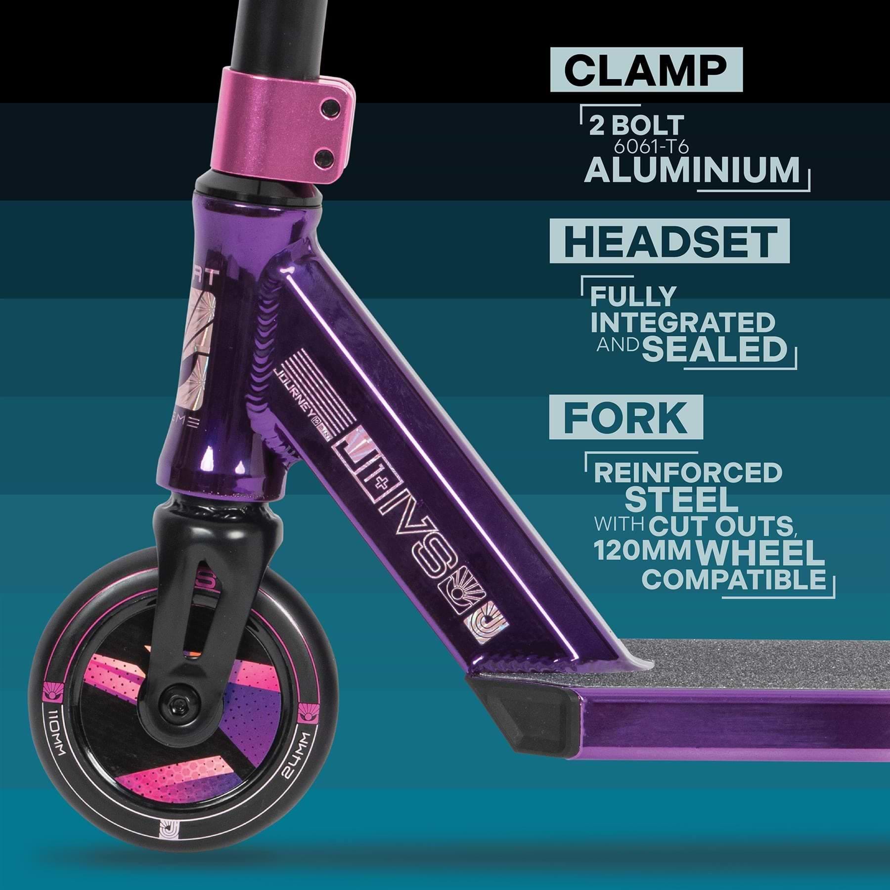 Close-up image of the Invert Supreme Journey 1+ Mini Jamie Hull Stunt Scooter in Tri Electro Pink / Purple, highlighting its high-quality components. It features a 2-bolt 6061-T6 aluminum clamp, a fully integrated and sealed headset, and a steel fork with cutouts compatible with 120mm wheels—ideal for skatepark action.