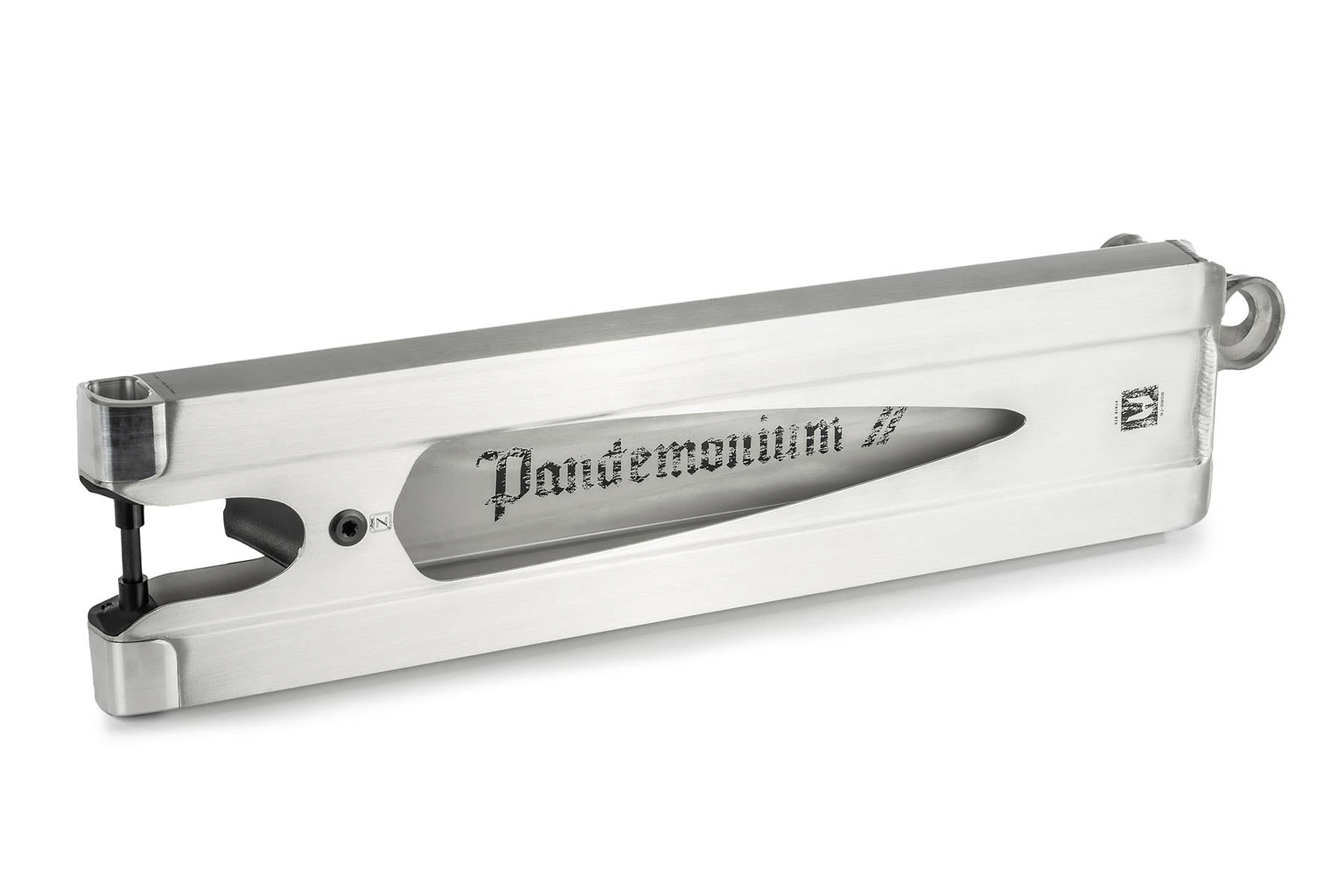 The Ethic DTC Pandemonium V2 Boxed Raw Stunt Scooter Deck (5.5" x 21.3") features angular edges, a cutout section, an engraved logo, and a rounded rear—crafted from 6061-T6 aluminium and among the lightest decks available.