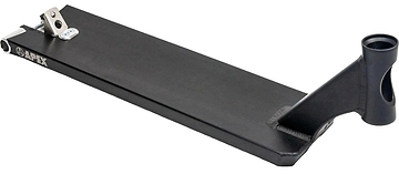 The Apex Pro Black Boxed Stunt Scooter Deck (6" x 21") by Apex, featuring an angled neck and cutouts near the head tube, is shown on a white background with its durable design.