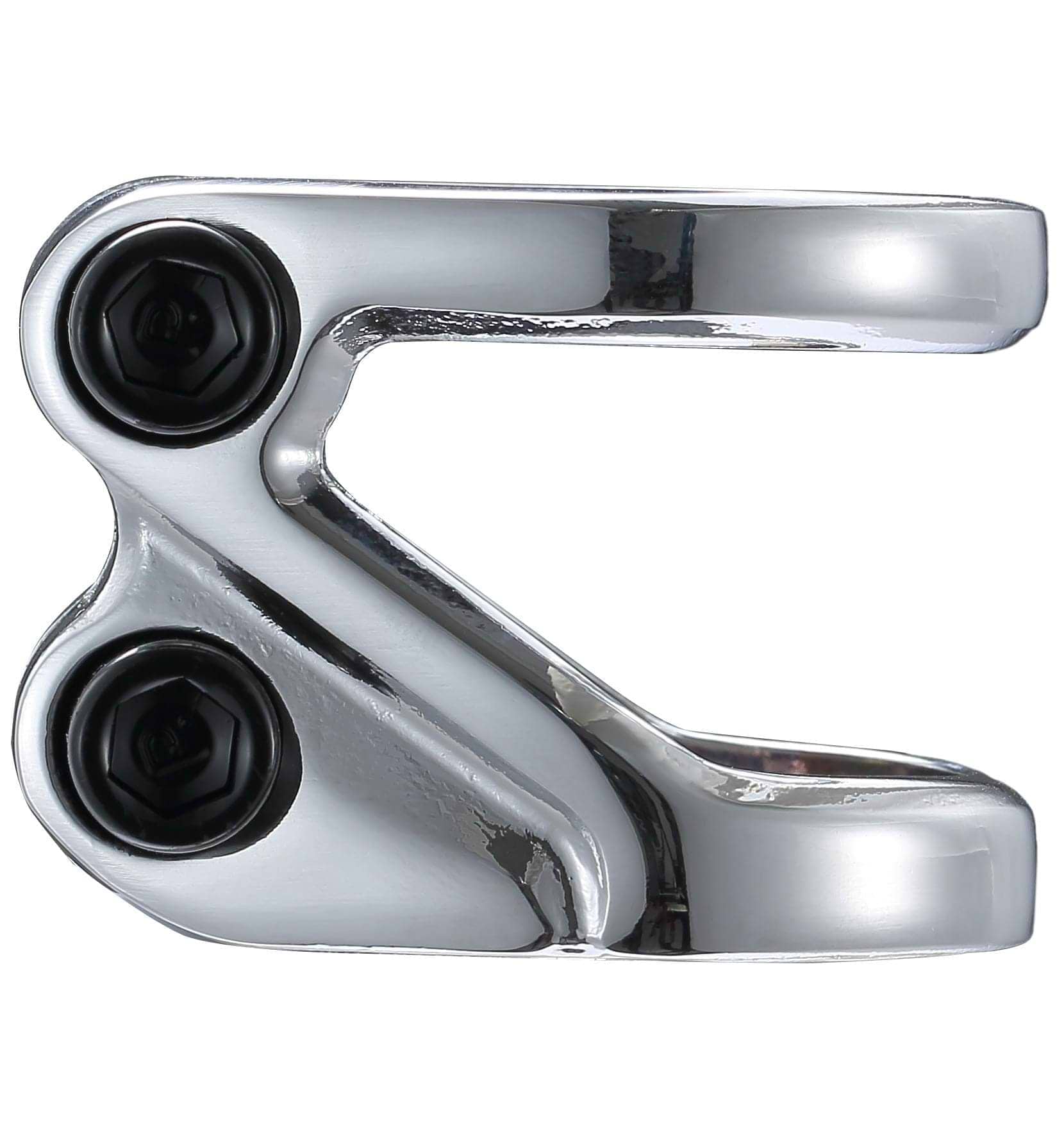 A polished Blunt Envy Z 2 Bolt Oversized Stunt Scooter Clamp in chrome, featuring two black screws. This aluminum clamp has a sleek design with an open C-shaped structure, ideal for stylishly securing scooter bars.