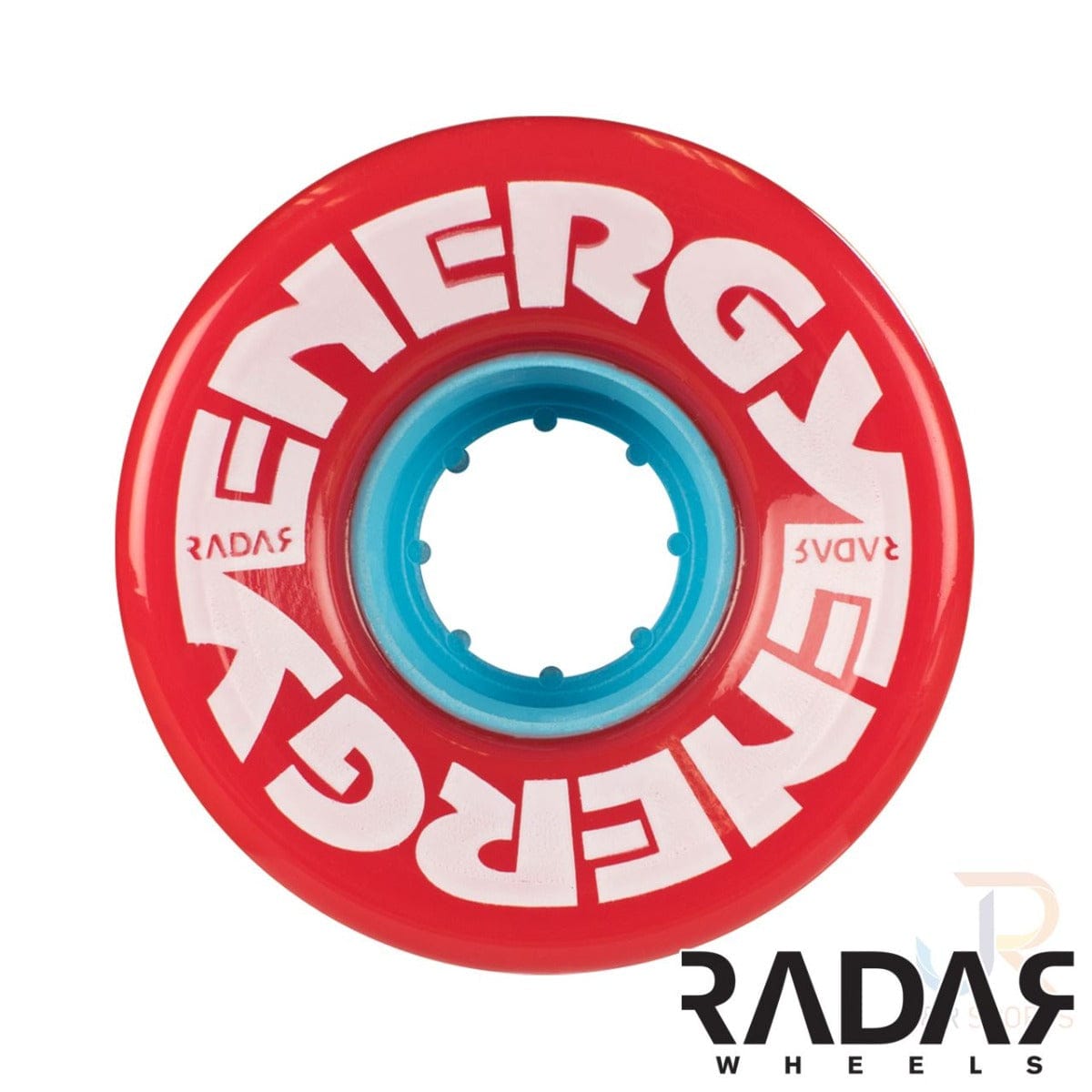 Close-up of a Radar Energy 78A Quad Roller Skate Wheel in red, featuring white "ENERGY" text. The inner part showcases a blue design with Radar branding at the bottom right, and its 78A durometer outdoor urethane provides a smooth ride on a variety of surfaces.