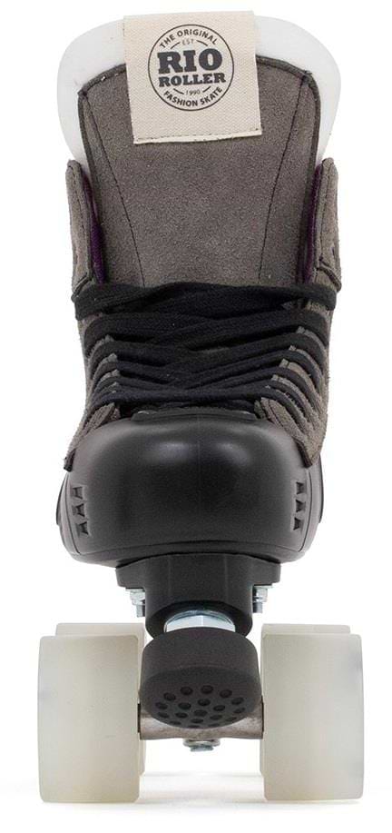 Back view of the Rio Roller Flow Hockey Quad Roller Skate in Black featuring sleek Flow wheels and a suede finish, showcasing the "Rio Roller" brand tag at the top.