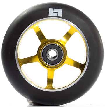 A close-up of the Logic 5 Spoke 100mm Stunt Scooter Wheel - Gold, featuring a metallic gold five-spoke core, black high rebound polyurethane tire, ABEC 9 bearings, and a small white Logic logo near the edge.