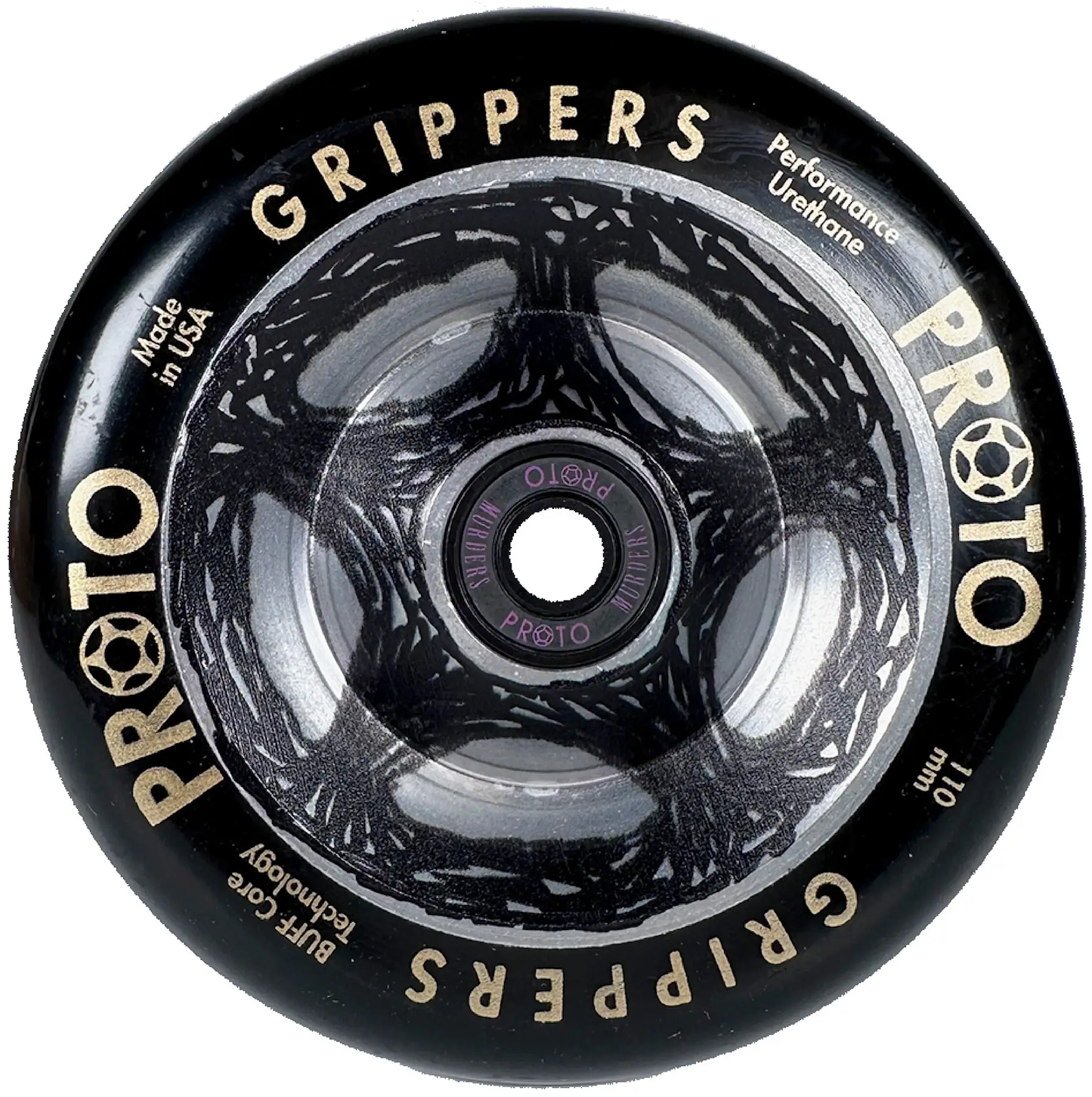 The Proto Catalyst Gripper 110mm Stunt Scooter Wheel in black features a performance urethane, unique abstract black and white core design with BUFF Core Technology, and gold edge lettering.