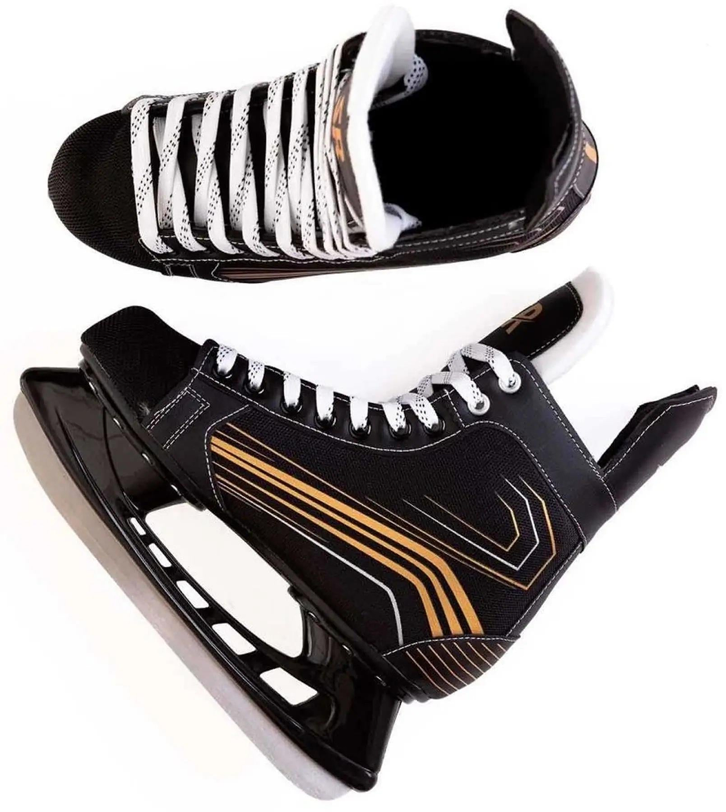 The Supreme Ice Hockey Skates in black and gold feature white laces and beginner-friendly support. Shown from above and the side—one upright, one flat—they combine comfort with style on the rink.