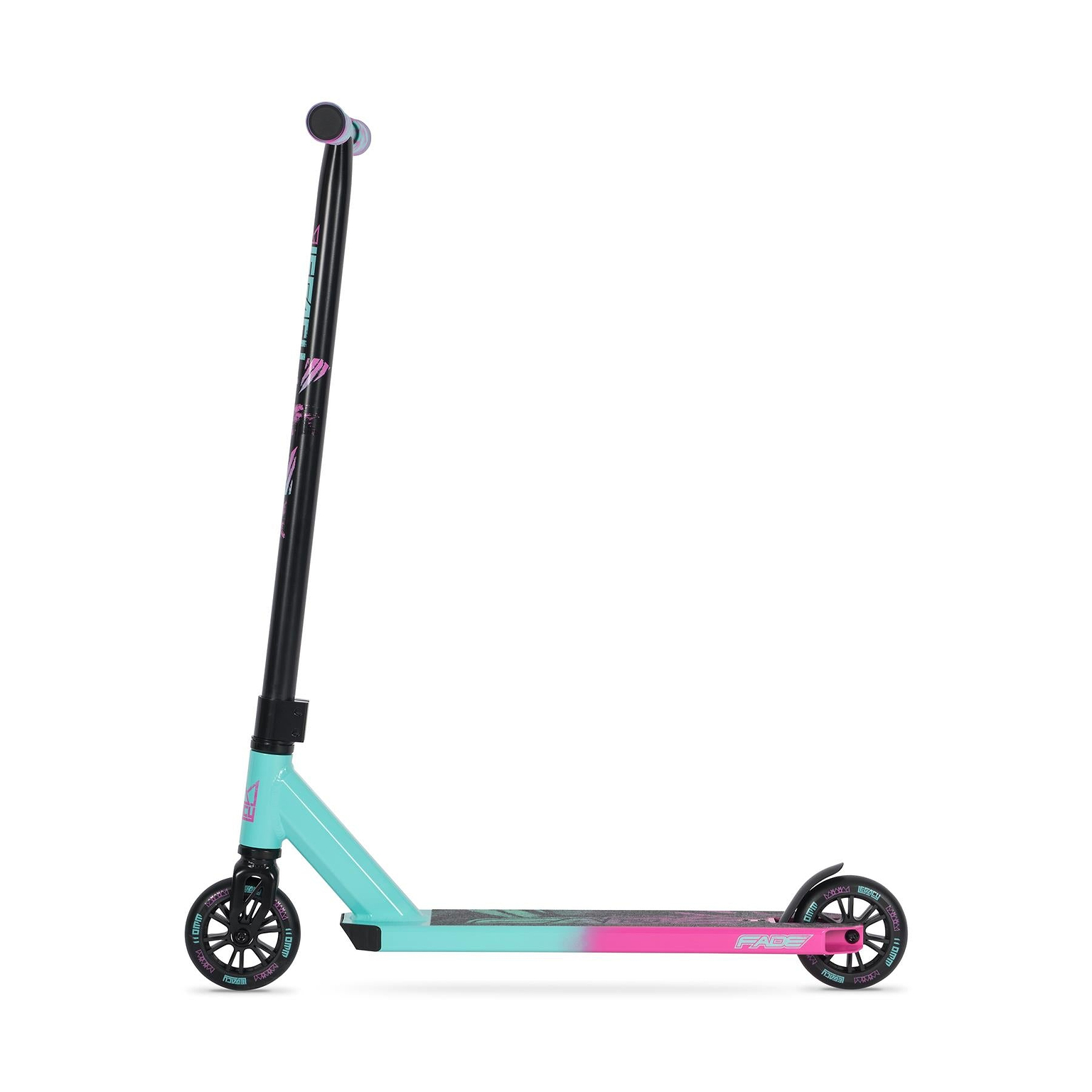The Legacy Fade Complete Stunt Scooter - Teal / Pink by Legacy features a teal and pink design with black handlebars and small black wheels, shown in profile on a white background.