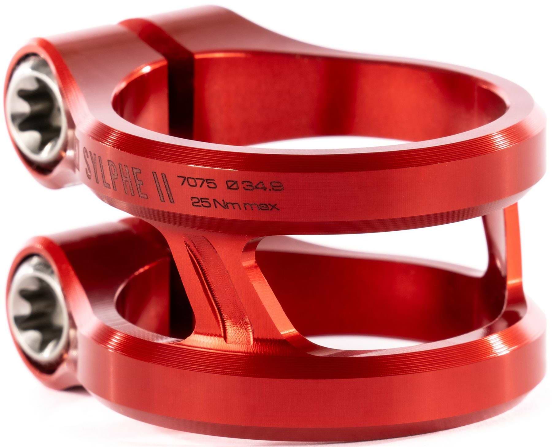 A close-up of the Ethic DTC Sylphe V2 2 Bolt Oversized Stunt Scooter Clamp in red, featuring two titanium bolts and "SYLPHE II 7075 Ø34.9 25 Nm max" engraving, by Ethic.