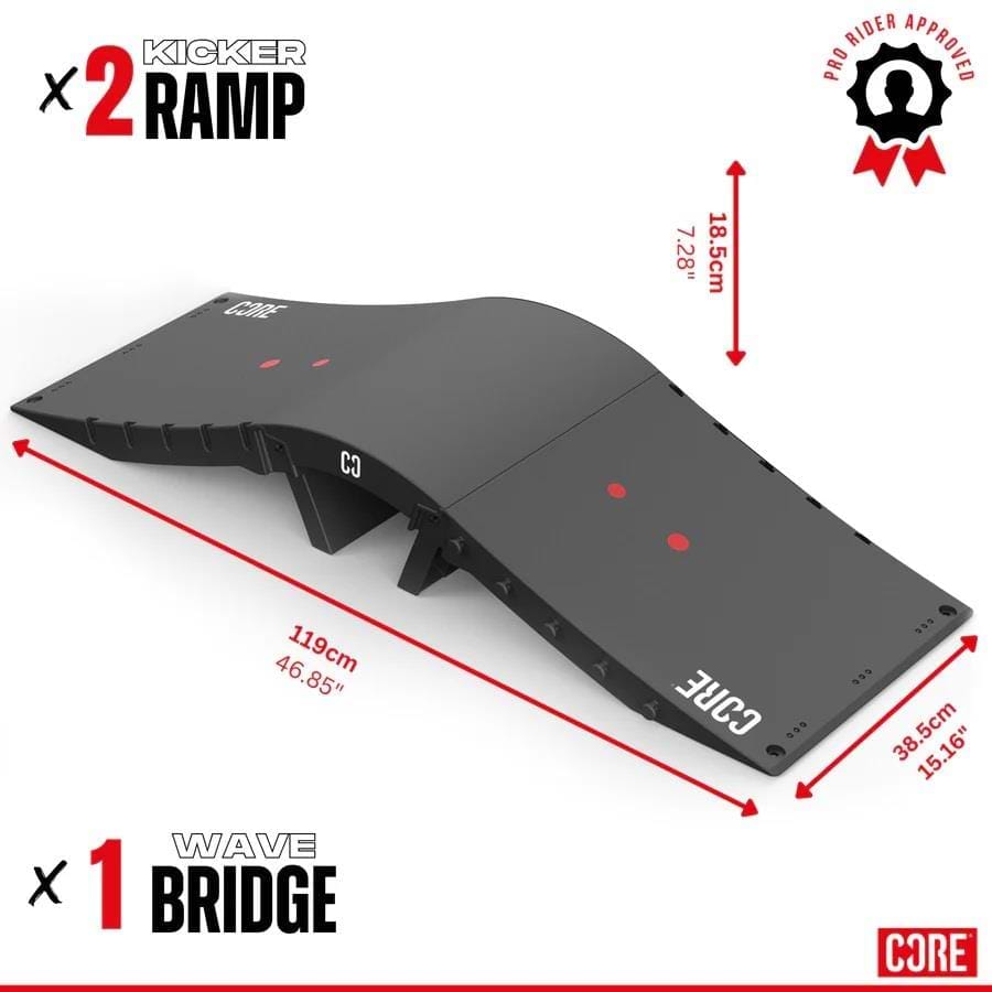 The CORE Mini Wave Skate Ramp Set - 2 Kickers & Bridge by CORE features two kicker ramps, a wave bridge, modular design, labeled dimensions (119cm x 38.5cm x 18.5cm), bold branding, and a "Pro Rider Approved" badge.