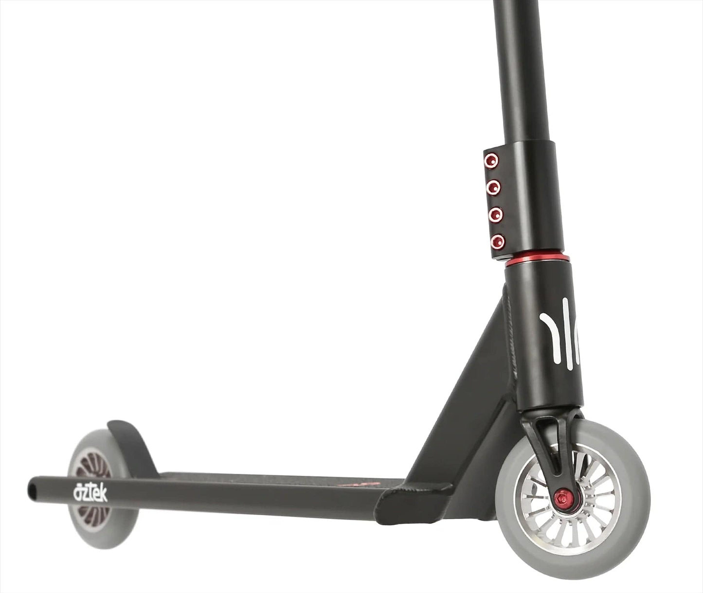 Close-up of the Aztek Architect 2 Complete Stunt Scooter in Satin Black by Aztek, featuring grey wheels, red accents, white front graphics, a rear “aztek” logo on the deck, and handlebars secured with red bolts.