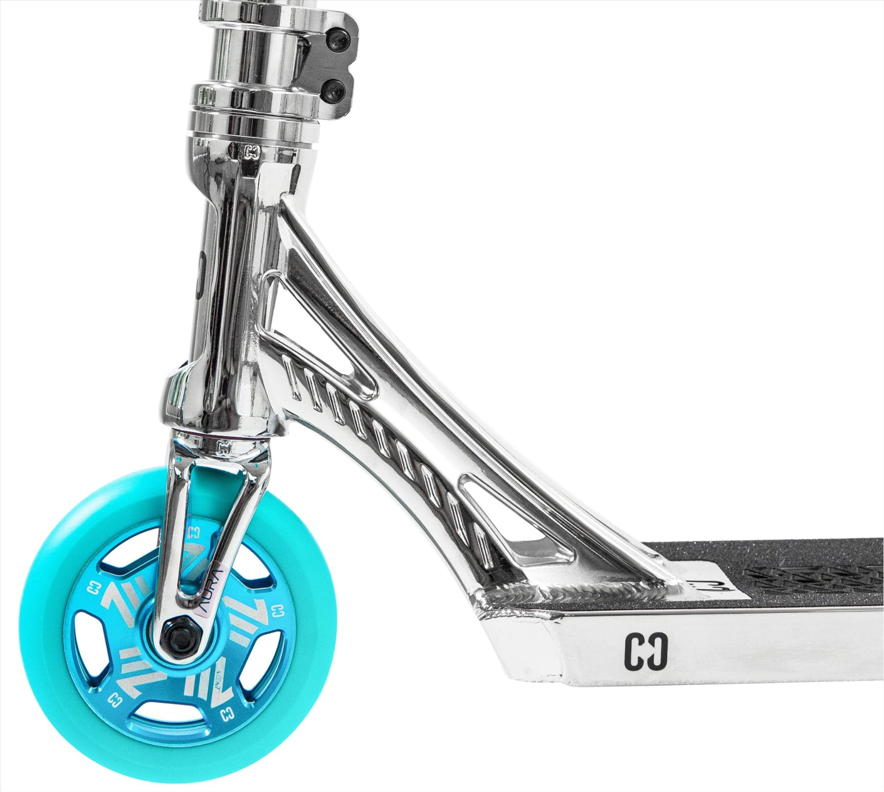 Close-up of the CORE SL3 Complete Stunt Scooter by CORE in Chrome/Teal, showing its lightweight metallic frame, bright teal wheel, and black grip tape—ideal for skatepark sessions with its modern design.
