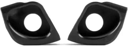 Two black, curved, leaf-shaped objects—part of the Ethic DTC Pandemonium Deck Ends Kit by Ethic—with large circular holes in the center, are positioned side by side and slightly tilted toward each other on a white background. Ideal as scooter deck replacement parts, this kit delivers both style and durability.