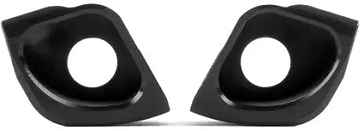 Two black, curved, leaf-shaped objects—part of the Ethic DTC Pandemonium Deck Ends Kit by Ethic—with large circular holes in the center, are positioned side by side and slightly tilted toward each other on a white background. Ideal as scooter deck replacement parts, this kit delivers both style and durability.