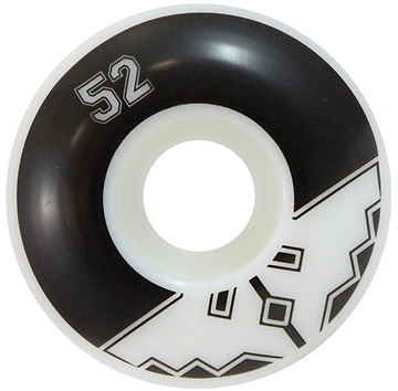 The Fracture Uni Classic 52mm 100A Skateboard Wheels boast a durable black and white design with the top half in black displaying the number "52" in white, while the bottom half features geometric black patterns on a white background. Made from high rebound urethane, these wheels promise a smooth ride and long-lasting performance.