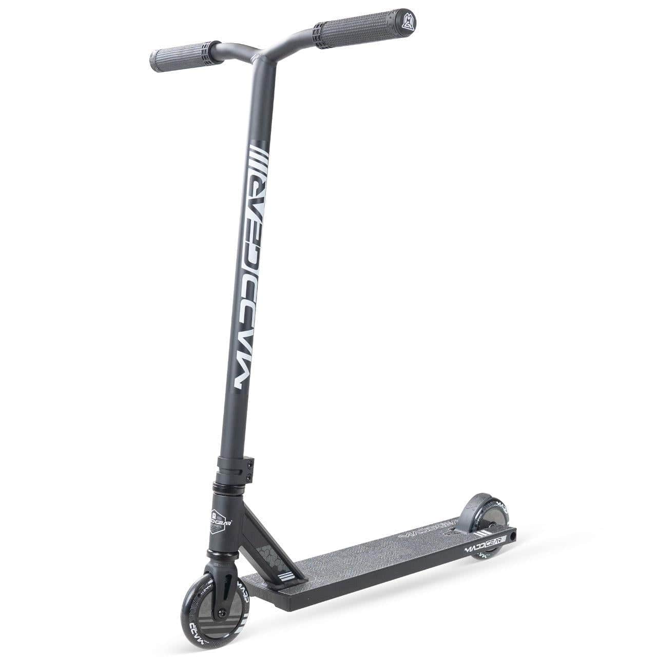 The Madd Gear MG 3 Zen Complete Stunt Scooter in Black/Black by MGP features a strong deck, small wheels, and a durable one-piece steel T-bar, ideal for tricks and skatepark use. Shown on a plain white background.