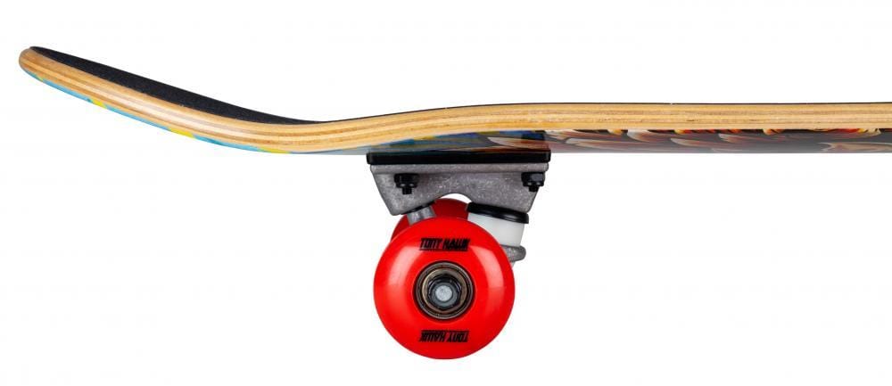 A close-up side view of the Tony Hawk 180 Series Golden Hawk Complete Skateboard (7.75" x 31.5") by Tony Hawk, showcasing its 7-ply maple deck, black grip tape, metal truck, and bright red wheel against a white background.