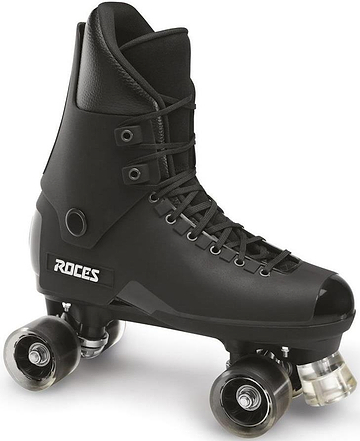 The Roces Pro 80 Quad Roller Skates - Black feature a hard-shell design, clear wheels, high ankle support, and the Roces brand name on the side.