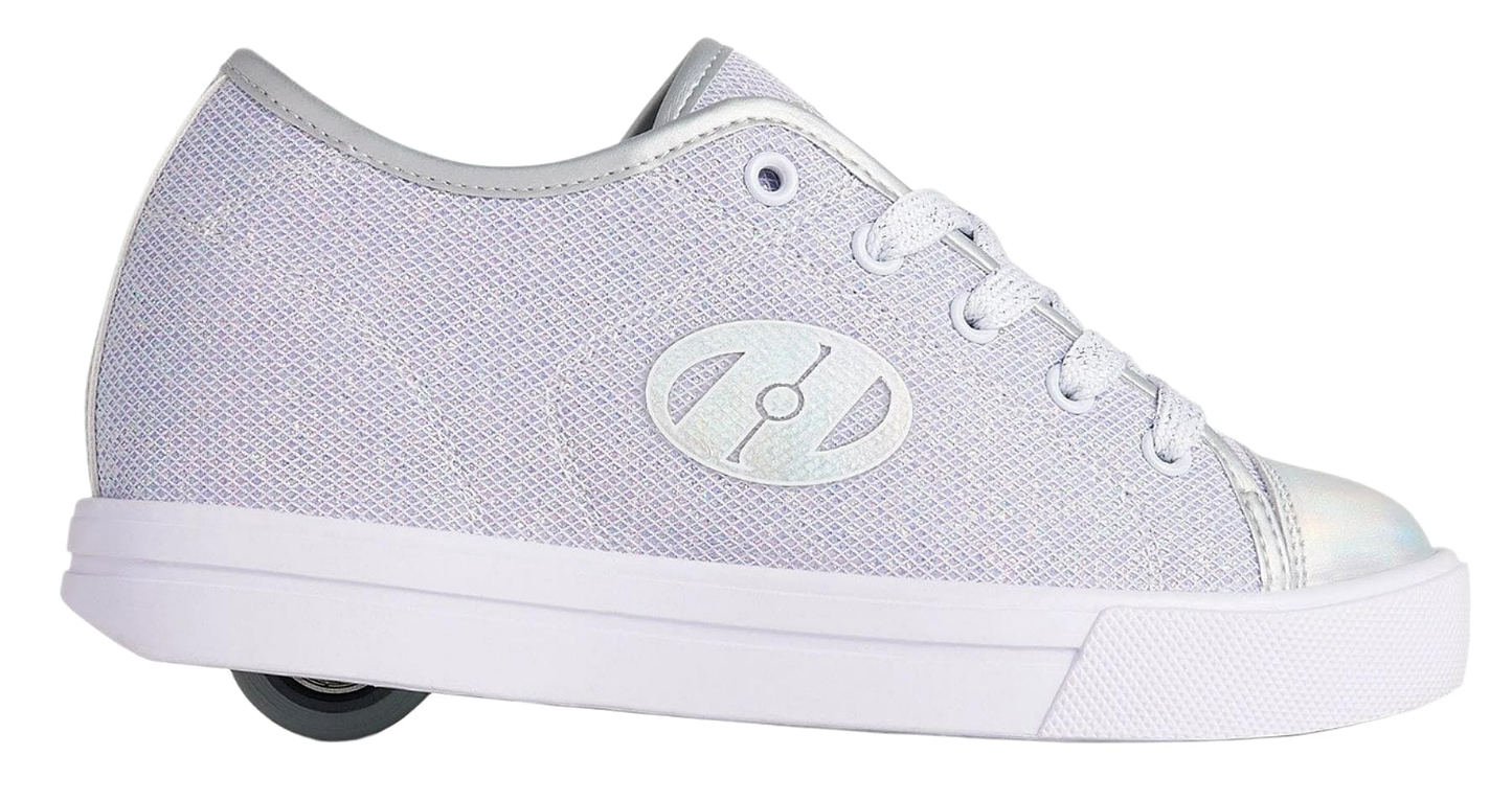 The Heelys Classic Em Girls Shoes in Silver/White/Grey feature a shiny mesh upper, white laces, silver accents, and a single retractable wheel with ABEC 3 bearings—perfect for rolling or walking.