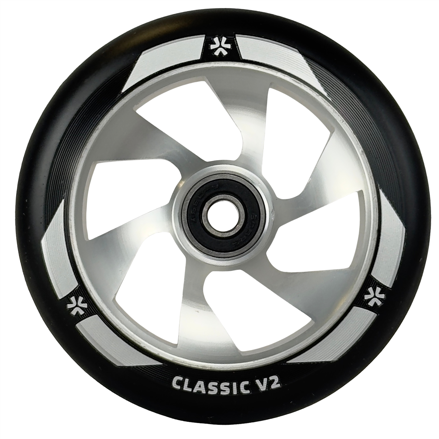 A close-up of the Union Classic V2 110mm Stunt Scooter Wheel in black and silver by Union, featuring five spokes and "CLASSIC V2" text on the rim.