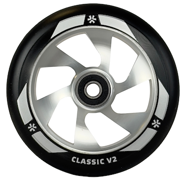 A close-up of the Union Classic V2 110mm Stunt Scooter Wheel in black and silver by Union, featuring five spokes and "CLASSIC V2" text on the rim.