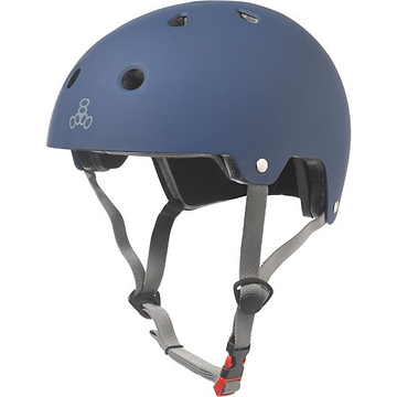 The Triple 8 Dual Certified Skate/Scooter Helmet in Blue features ventilation holes, grey adjustable chin straps, a red buckle, and a subtle logo of three interlocking circles on the front for added style.