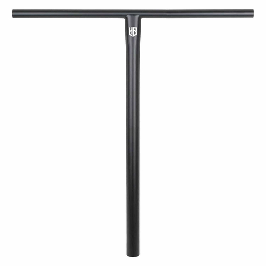 The CORE Nova Halfbarz V2 Titanium Oversized HIC Stunt Scooter Bars (680mm x 630mm) feature a black metal T-shaped design with a small white logo, offering lightweight strength and durability—ideal for high-performance riders.