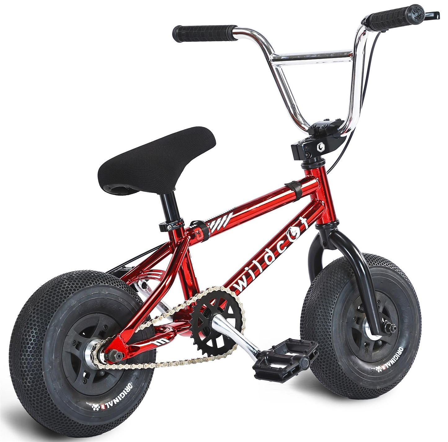 The Wildcat OG 3A Mini BMX Bike - Royal Red Bull is a small, red bike with thick PRO Street 65PSI tyres, a padded seat, and high chromoly steel handlebars. The Wildcat logo appears in white on the frame.