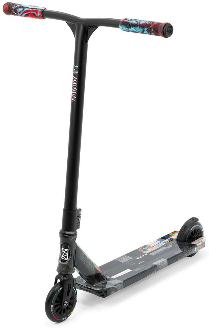 The Slamm Mischief Complete Stunt Scooter - Glitch boasts a sleek black look, colorful grips, and a vibrant graphic deck. With its wide T-bar handle and 110mm wheels, it delivers both style and performance for thrill-seekers in tricks and freestyle riding.