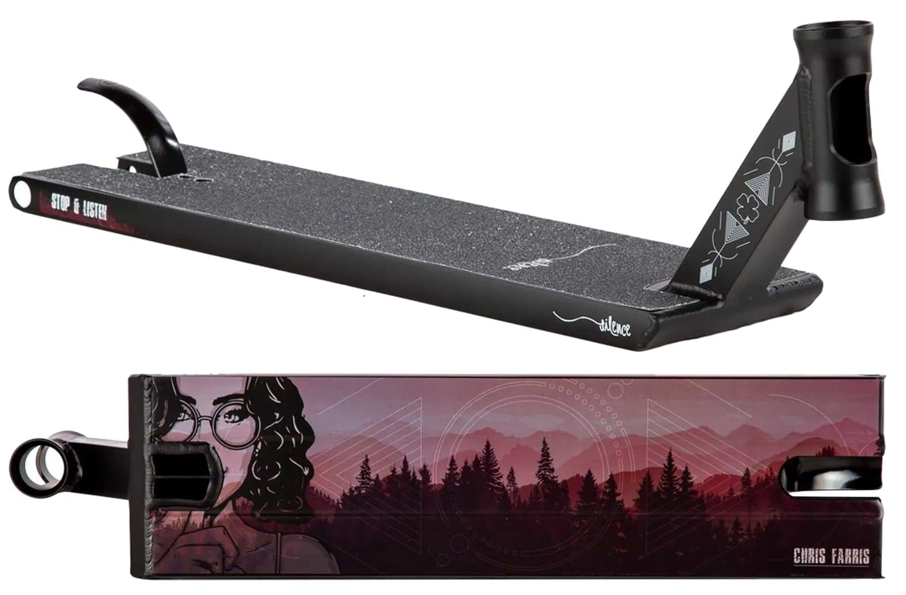 The Lucky Chris Farris Signature V1 Black Stunt Scooter Deck (6" x 22") features a woman with glasses and mountains graphic, grip tape with geometric designs, and "Chris Farris" on the side. Brand: Lucky.
