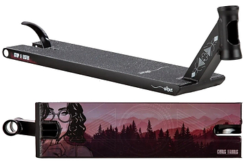 The Lucky Chris Farris Signature V1 Black Stunt Scooter Deck (6" x 22") features a woman with glasses and mountains graphic, grip tape with geometric designs, and "Chris Farris" on the side. Brand: Lucky.