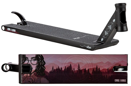 The Lucky Chris Farris Signature V1 Black Stunt Scooter Deck (6" x 22") features a woman with glasses and mountains graphic, grip tape with geometric designs, and "Chris Farris" on the side. Brand: Lucky.