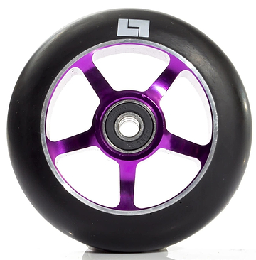 A close-up of the Logic 5 Spoke 100mm Stunt Scooter Wheel in purple, featuring a metallic 5 spoke core crafted from durable 6061-T6 aluminium, a visible ball bearing center, and a small gray Logic logo on the black rubber tire.
