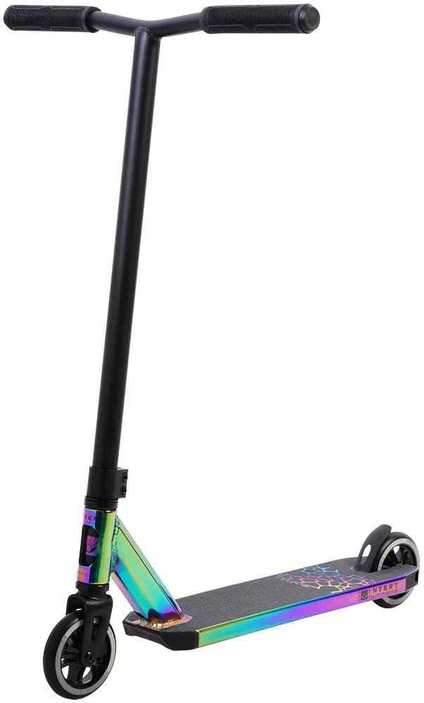 The Invert Supreme 2-8-13 Complete Stunt Scooter in Neochrome features black handlebars and wheels, a non-slip deck, and a sleek modern design, shown against a plain white background.