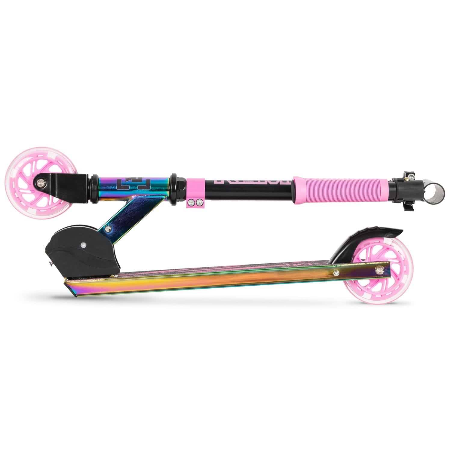 The Rampage Light Up Foldable Kick Scooter - Neochrome / Pink with metallic neochrome frame.