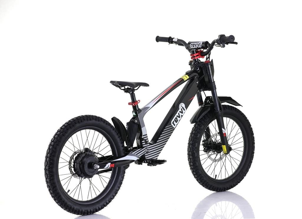 The Revvi 20" Kids Electric Balance Bike - Black combines a sleek and modern design with off-road rubber air-filled tires, a sturdy frame, front suspension fork, disc brakes, and a central motor hub on the rear wheel for electric-powered fun.
