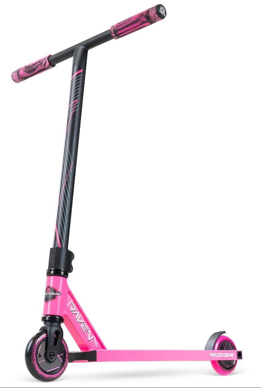 The Madd Gear MG 1 Raven Complete Stunt Scooter in pink and black features a wide handlebar, two small wheels, sleek design, and stands upright on its own—ideal for kids who want style and performance.